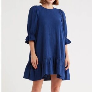 Maisie bubble sleeve cotton gauze textured navy small shift mini dress BNWT